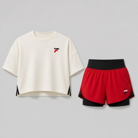 Conjunto Oversized de Corrida Off-White e Vermelho ForjaFit